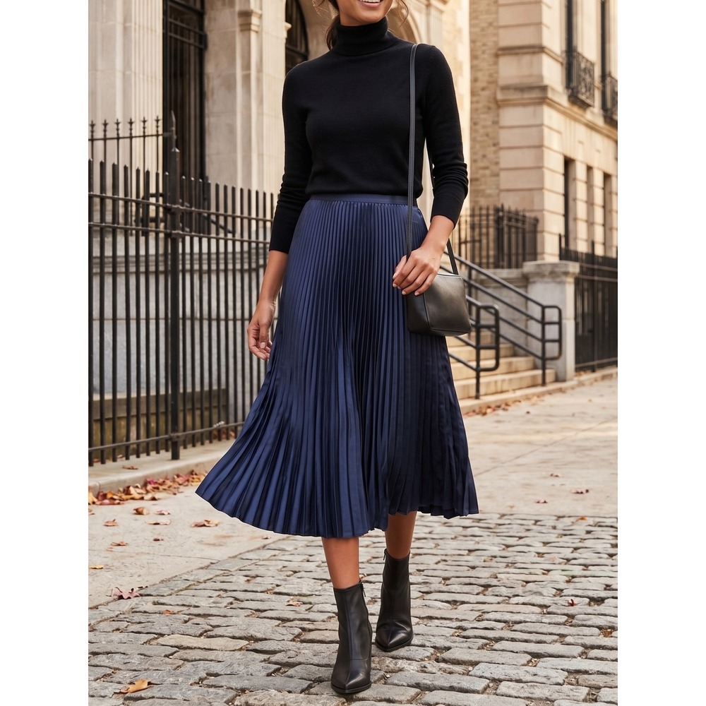 NWT Vince Chevron Pleated Satin Midi Skirt in Coastal Blue Size 10 $295